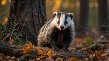 A close-up of a badger in a forest setting, surrounded by autumn leaves and trees. photo