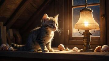 A curious kitten gazes at a glowing lamp in a cozy attic, surrounded by seashells. photo