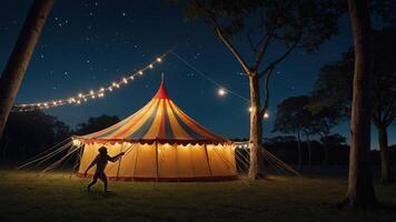 A vibrant circus tent illuminated at night under a starry sky, creating a festive atmosphere. photo