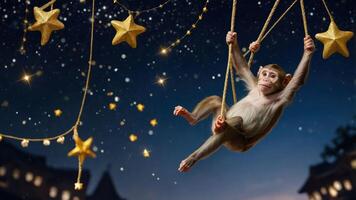 A monkey swings among stars, creating a whimsical and enchanting nighttime scene. photo
