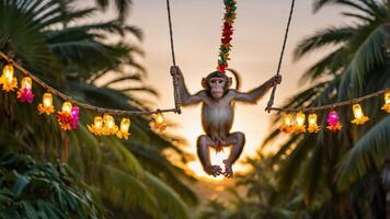 A monkey swings on a rope adorned with lights against a sunset backdrop in a tropical setting. photo