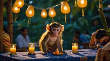 A monkey sits on a table with fruits and candles, surrounded by a lively outdoor setting. photo