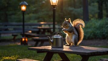 A squirrel interacts with a kettle on a picnic table in a serene park setting at sunset. photo