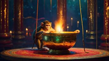 A curious monkey gazes into a glowing bowl, surrounded by an enchanting atmosphere. photo