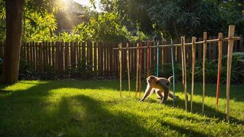 A monkey navigating a series of wooden bars in a sunlit garden. photo