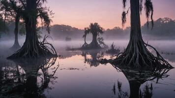 Serene swamp landscape at dawn with cypress trees reflected in calm waters. photo