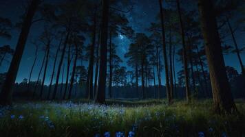 A serene forest scene at night with a starry sky and blooming flowers. photo