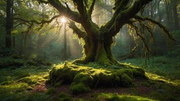 A majestic tree covered in moss, illuminated by sunlight in a serene forest setting. photo
