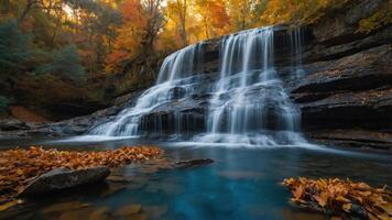 A serene waterfall surrounded by autumn foliage and a tranquil pool. photo