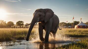 An elephant splashes through water, surrounded by grasslands and a festive backdrop. photo