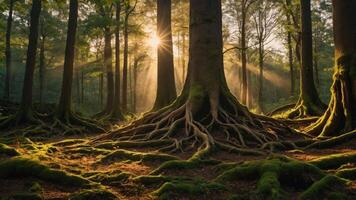 A serene forest scene with sunlight filtering through trees and highlighting roots and moss. photo
