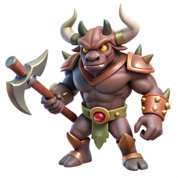 excepcional clássico uma temível Minotauro, empunhando uma de duas cabeças Machado. não fundo com transparente fundo. habilmente tiro png