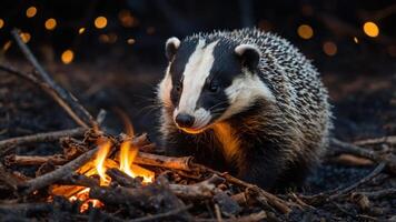 A badger near a small fire among twigs in a dark, forested setting. photo