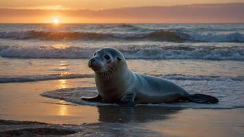A seal resting on the beach at sunset, with waves gently lapping at the shore. photo