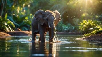 A young elephant splashes water while walking through a lush, green environment. photo