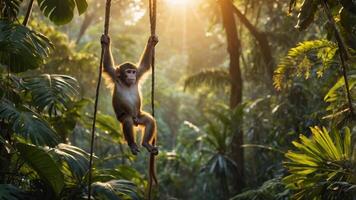 A monkey swings on ropes in a lush jungle, illuminated by sunlight filtering through trees. photo