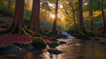 Serene forest scene with sunlight filtering through trees, reflecting on a tranquil stream. photo