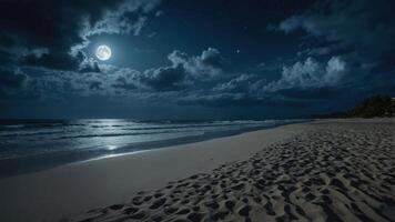 A serene beach scene under a full moon, with gentle waves and a starry sky. photo