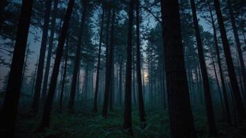 A misty forest scene at dusk, showcasing tall trees and a serene, mysterious atmosphere. photo