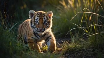 A young tiger cub walking through tall grass, illuminated by soft sunlight. photo