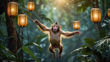 A monkey swinging in a lush jungle with lanterns illuminating the scene. photo