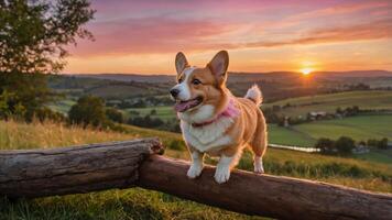A corgi stands on a log at sunset, surrounded by a picturesque landscape. photo