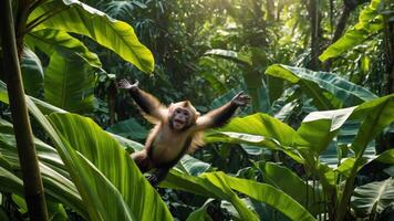 A playful monkey poses amidst lush green foliage in a vibrant jungle setting. photo