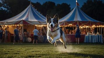 A dog joyfully leaps in front of a festive tent at night, surrounded by people enjoying the event. photo