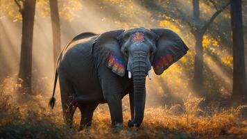 A majestic elephant adorned with colorful patterns stands in a sunlit forest. photo