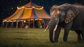 An elephant with colorful decorations near a vibrant circus tent in a grassy field. photo