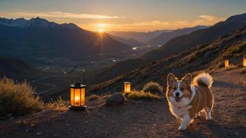 A happy corgi walks along a mountain path at sunset, surrounded by glowing lanterns. photo