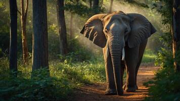 An elephant walking along a forest path, illuminated by soft sunlight. photo