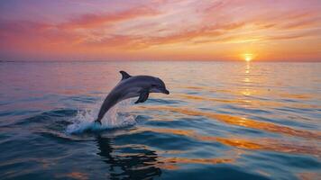 A dolphin leaps from the water at sunset, creating a serene and beautiful coastal scene. photo