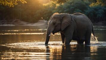 An elephant wading through a river at sunset, creating a serene and natural atmosphere. photo