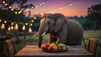 An elephant approaches a table of fruits under string lights at sunset. photo