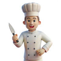reflective beautiful Chef, white uniform, holding knife, NO BACKGROUND with Transparent Background. fine detail png
