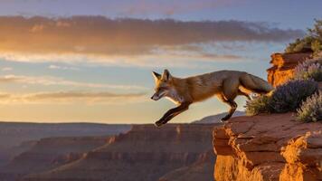 A fox leaps across a rocky ledge during sunset, showcasing its agility against a scenic backdrop. photo