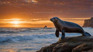 A seal rests on a rocky shore at sunset, with waves crashing in the background. photo