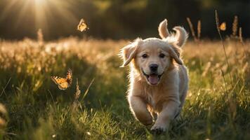 A joyful puppy running through a sunlit field, surrounded by butterflies. photo