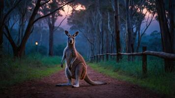 A kangaroo stands on a dirt path in a serene forest at dusk, surrounded by trees. photo