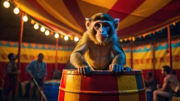 A monkey perched on a colorful barrel in a circus tent, surrounded by performers. photo