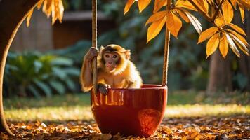 A playful monkey sits in a red pot surrounded by autumn leaves. photo