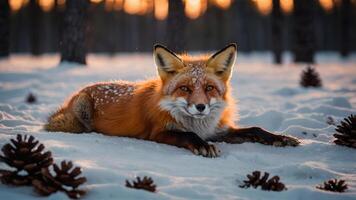A red fox resting in the snow, surrounded by pine cones and a forest backdrop at sunset. photo
