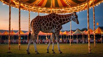A giraffe stands under a colorful carousel at dusk, surrounded by festive tents. photo