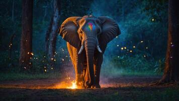 An elephant with colorful markings walks through a forest, surrounded by sparks at dusk. photo