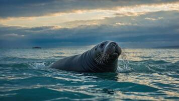 A seal swimming in calm waters under a cloudy sky. photo