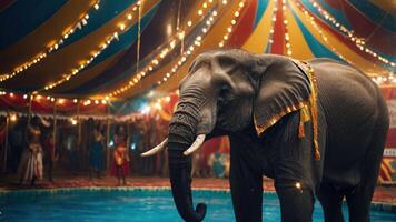 An elephant stands in a circus tent, surrounded by colorful decorations and lights. photo