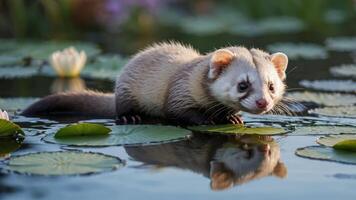 A ferret-like animal on lily pads in a serene water setting, reflecting in the water. photo