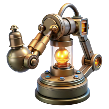 impressive inspired Steampunk robotic arm with visible clockwork mechanisms and glowing vacuum tubes. NO BACKGROUND with Transparent Background. png