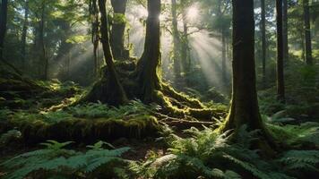 Sunlight filters through a lush forest, illuminating moss-covered trees and ferns. photo